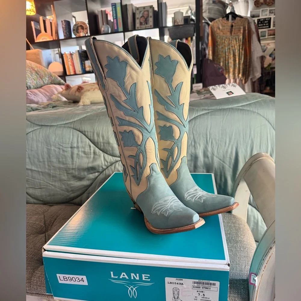 Lane Jolene Blue and Cream Floral Heeled Boots - Picture 2 of 13